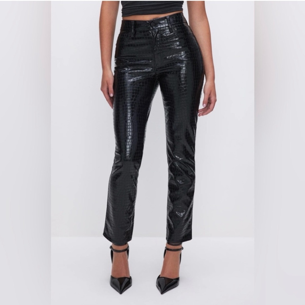 Good American Black croc embossed Good Classic faux leather pants
